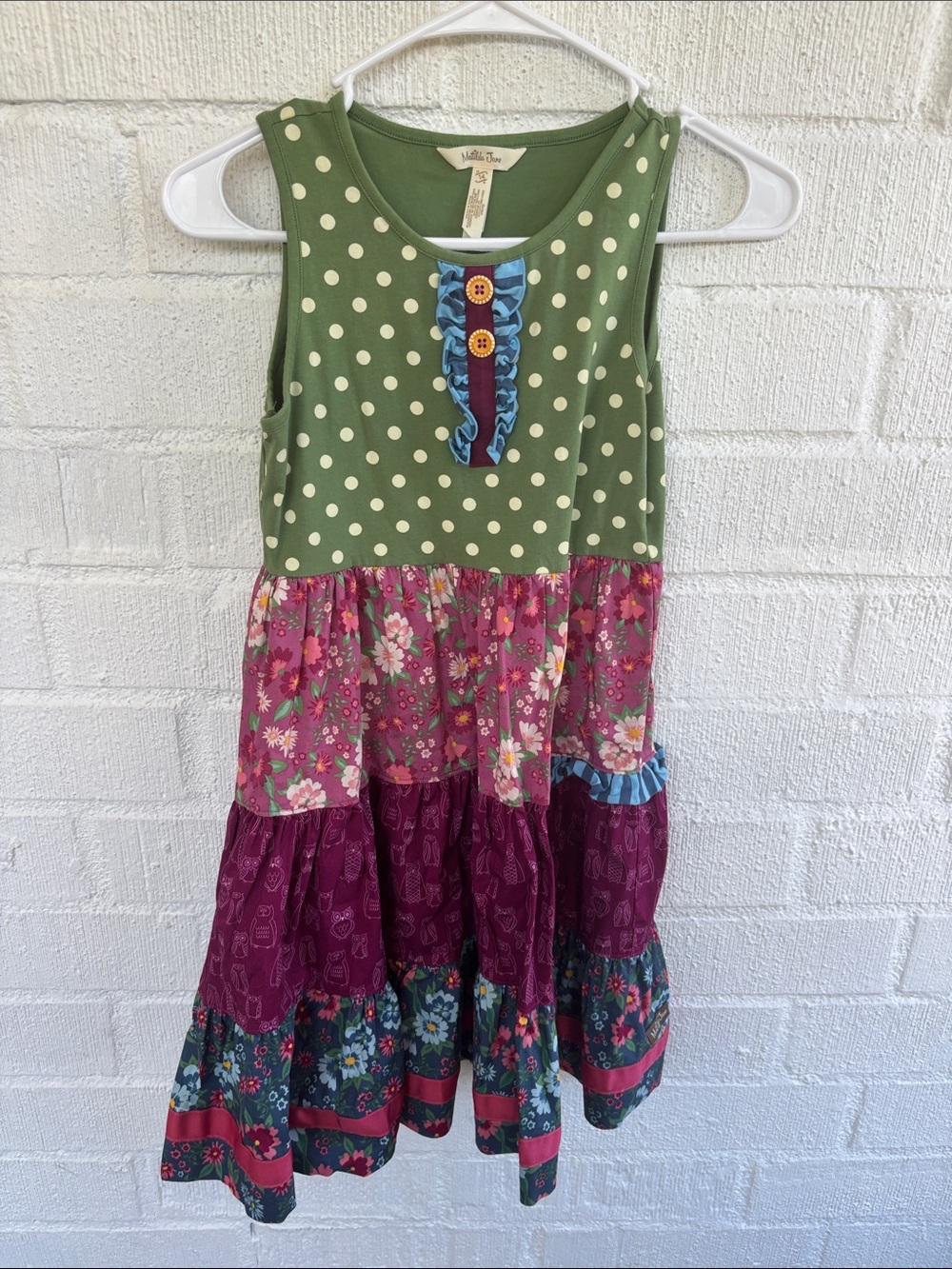 Matilda Jane Owl Green Polka Dot Tiered Floral Dress sz 14